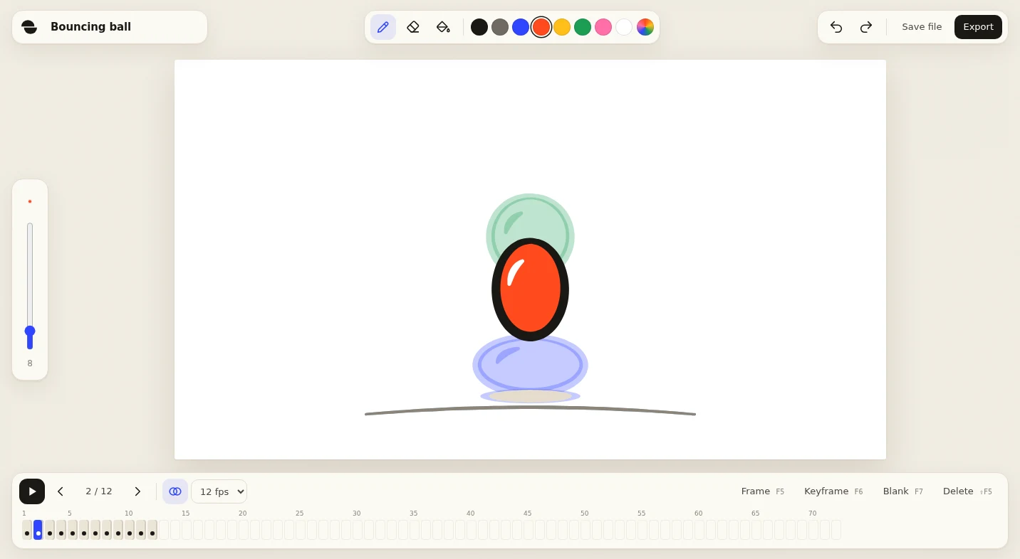 Strogly Studio with a bouncing ball on frame 2: the previous frame in blue and the next in green behind it, tools on top, and the timeline below.